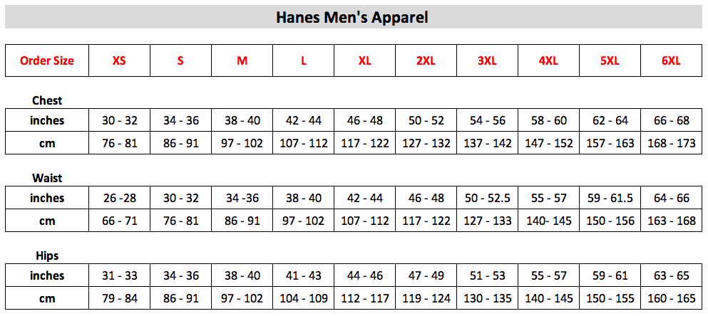 Hanes Mens Size Chart